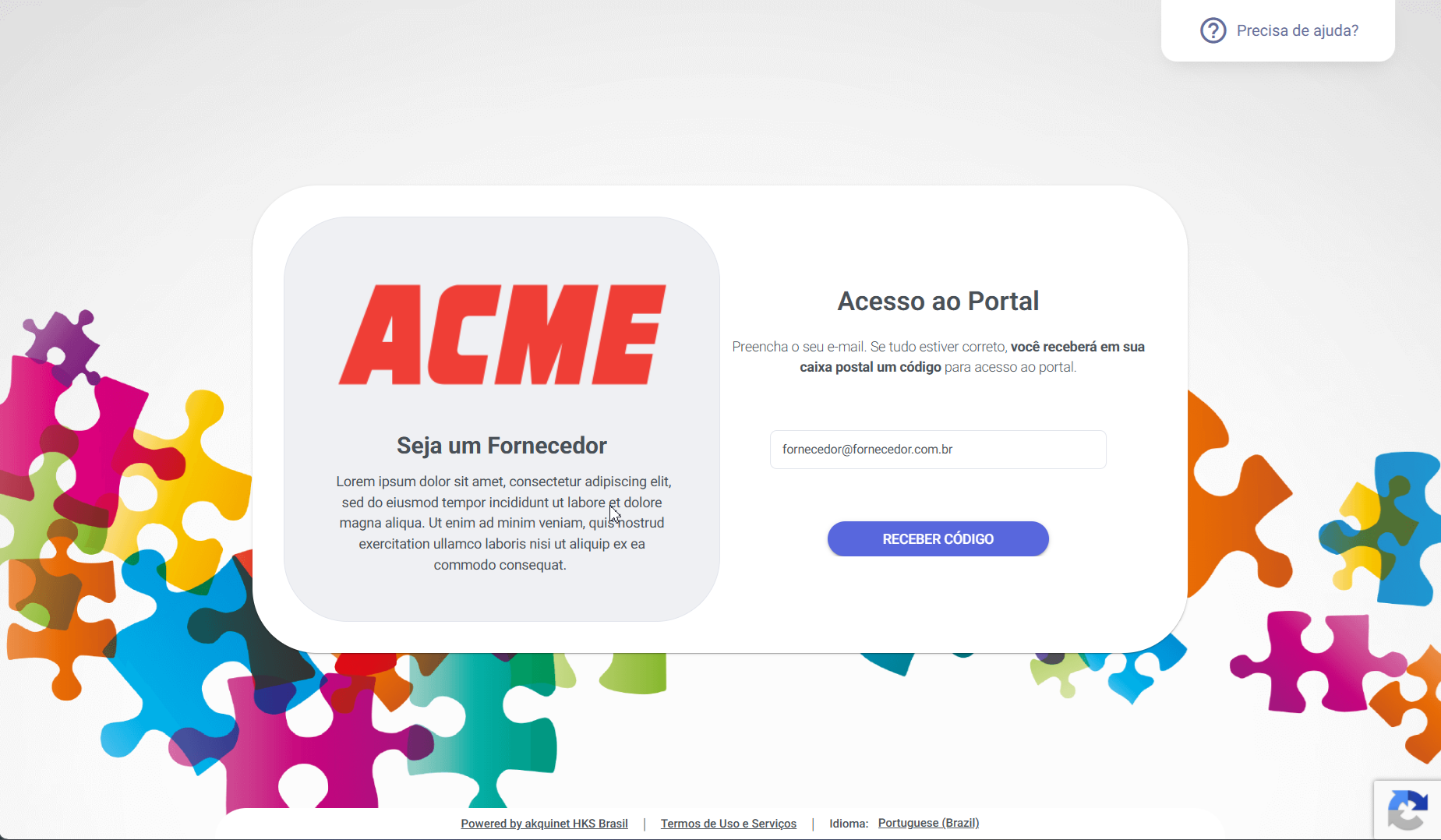 Portal do Fornecedor MUB: tela de acesso com formulário de código de acesso